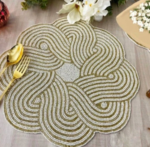 Handmade beaded <b>placemat</b>, <b>table</b> decoration, white and gold beaded tablemat By Blossom Craft India - Product Image 3