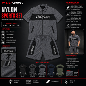 REXFIT SPORTS 2026 ชุดกีฬาแขนสั้นผ้าไนลอนสีเทาเหล็กสำหรับผู้ชายแบบกำหนดเอง เสื้อซิปเต็มตัวและกางเกงขาสั้น ชุดออกกำลังกายแบบสั่งทำ - Product Image 1