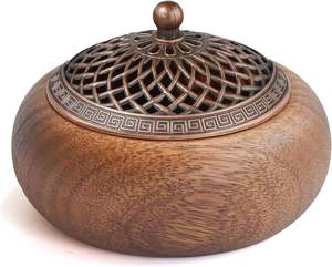 En gros, Brûleur à Bakhoor rond en bois de manguier avec couvercle en laiton antique à filigrane, support d'encens Oud traditionnel, Mabkha rustique Zen - Product Image 6