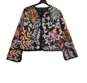 Handmade <b>Kantha</b> Cotton <b>Jacket</b> with Embroidery Reversible Short Winter Coat with Floral Print for Women - Product Image 1