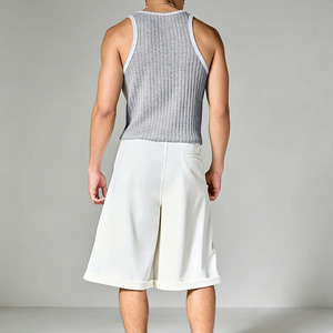 Lightweight Custom Logo <b>Men's</b> Ribbed Knitted Tank Top Solid Color O-Neck Casual Sleeveless Top Gray <b>White</b> Trim Hand Knitted <b>Vest</b> - Product Image 2
