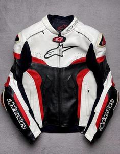 Veste de moto pour homme Pinestars, en cuir véritable, doublée de laine, coupe slim, blanche, noire et rouge, coupe-vent, col rabattable, fermeture éclair - Product Image 1