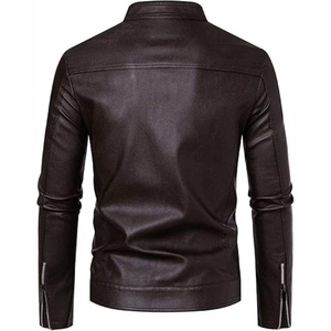 Chaqueta de cuero genuino de vaca al por mayor con hombreras y mangas acolchadas, cuello alto y bolsillos con cremallera - Product Image 3