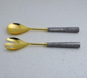 Nouvel arrivage : Cuillère à salade en acier inoxydable avec manche en terrazzo et bois, qualité supérieure pour usage domestique - Product Image 2