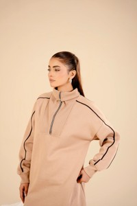 Oversized Half <b>Zip</b> <b>Hooded</b> Pocket Fleece Sweatshirt Dress Beige Black Long Length Casual Regular Sleeve Unisex Autumn Wear - Product Image 4