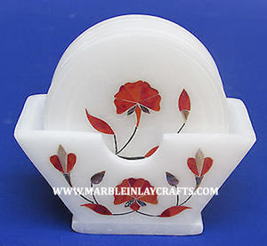 Best Designer Handmade Beautiful <b>White</b> Marble With Pink Inlay Mother Of Pearl Round Shape <b>Coaster</b> Set For Home And Hotel Decor - Product Image 2