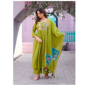 Conjunto especial de festival Anarkali Kurtis con pantalón y dupatta de seda Chanderi suave con bordado a mano completo, vestido Anarkali. - Product Image 1