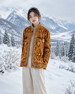 <b>Women</b> Winter <b>Velvet</b> Suzani <b>Jacket</b> Floral Embroidery Handmade Bohemian Ethnic Stand Collar Cotton Quick Dry Outerwear Wholesale - Product Image 5
