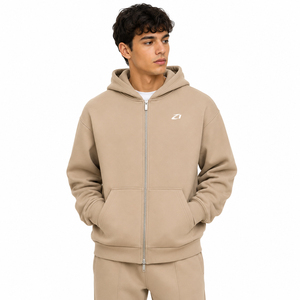 Sweat-shirts à capuche pour hommes, beiges, entièrement zippés, en molleton de coton, coupe ample décontractée, poche kangourou, vêtements d'hiver, logo personnalisé, fournisseur OEM ODM - Product Image 1