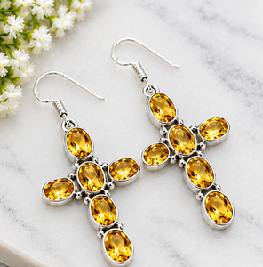 Yellow Citrine <b>Silver</b> <b>Earrings</b>, <b>Sterling</b> <b>Silver</b> Cross <b>Earrings</b>, Gemstone <b>Drop</b> <b>Earrings</b>, Elegant Statement Jewelry - Product Image 2