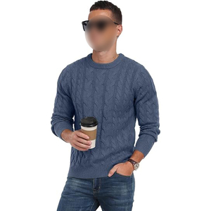 Blue Cable Knit <b>Pullover</b> <b>Sweater</b> Crew Neck Full Sleeve Regular Fit Autumn Knitted Solid Color <b>Sweater</b> - Product Image 5