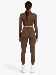 2-Piece Yoga Set Quarter-Zip Crop Top High-Waist Full-Length <b>Leggings</b> Seamless Solid Brown Spandex/<b>Nylon</b> Breathable Quick Dry - Product Image 4