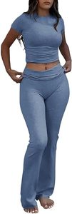 Women Breathable Simple 2 Piece Yoga Set Crop <b>Top</b> and Flare Pants Short Sleeve Solid Color Mid Waist Activewear Lounge Outfit - Product Image 4