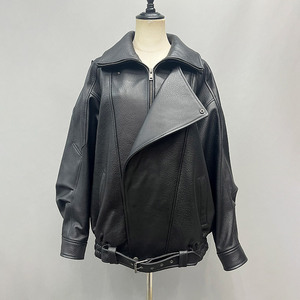Chaqueta de Motociclista de Cuero Genuino para Mujer, Cuello Camisero, Manga Larga, Cierre de Cremallera, Estilo Otoñal - Product Image 2