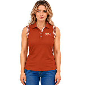 Polo sans manches orange rouille pour femme, coupe ajustée, col à patch, pour l'équitation et l'entraînement, personnalisable, vente en gros - Product Image 1