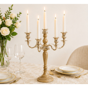 5 Arm Wooden and <b>Silver</b> Metal Candelabra Tall <b>Candlestick</b> Holder Tabletop Centerpiece Stand for Wedding Party and Hotel Decor - Product Image 2