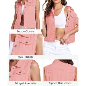 Women's Vintage <b>Lace</b> Waterproof Pink Denim Vest Sleeveless Turn-Down <b>Collar</b> Single Breasted Button Front Casual Outerwear - Product Image 6