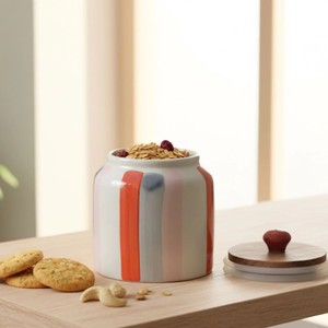 Ensemble de pots de rangement en céramique de qualité supérieure, design rayé pastel, couvercle en bois, hermétique, durable, organisateur de cuisine, décoration moderne - Product Image 2