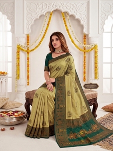 Sari en soie vert beige AARA Fashion avec motif éléphant, protection solaire, pour mariage, tenue traditionnelle, longueur ras du sol pour femme - Product Image 2