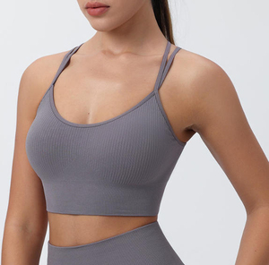 Women Ribbed Sports Bra Scoop Neck Spaghetti Strap Medium Support Breathable Yoga Tank Top Solid Color Design Sports Bra - Product Image 5