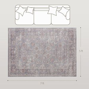 Tappeto a Pelo Lungo Lavabile in Lavatrice 5x7, Antiscivolo, con Stampa Floreale Tradizionale, Grigio e Marrone, per Soggiorno e Camera da Letto - Product Image 4