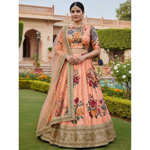Peach Floral Art Silk Lehenga Choli with Dupatta for <b>Wedding</b> - Product Image 1