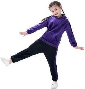 Girls <b>Purple</b> Hooded Tracksuit Set Full Sleeve Casual Fleece Winter Wear With Side Pockets Elastic Waist Solid Design - Product Image 2