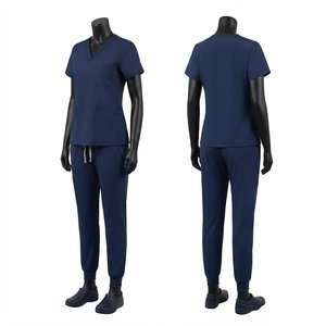Premium 180 GSM Stretch Scrub Uniform Set <b>Navy</b> V Neck <b>Top</b> Jogger Pants Multi Pocket Custom Logo Medical Workwear - Product Image 1