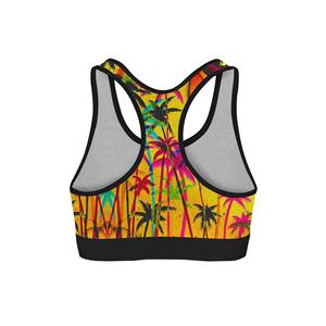 Soutien-gorge de sport imprimé palmiers colorés pour femme, tenue d'entraînement, jaune avec bordure noire, design dos nageur - Product Image 6