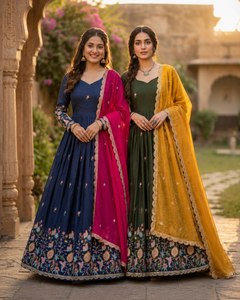 Ensemble Anarkali Kurta pour femme en soie vert olive brodé de fils Zari floraux, longueur ras du sol, avec dupatta jaune moutarde à séchage rapide - Product Image 2