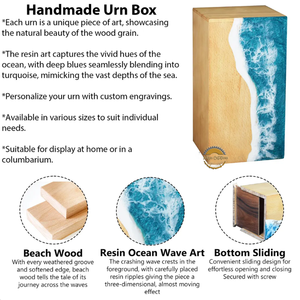 Urne funéraire artisanale en résine et bois naturel, motif vague océanique, pour cendres humaines, par AYAANS - Product Image 2