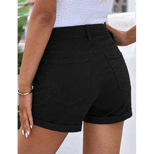 Shorts de mezclilla elásticos de tiro alto con bolsillos traseros rasgados y dobladillo sin rematar para curvas, shorts de mezclilla desgastados para mujer - Product Image 5