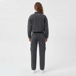 <b>Women</b> Black Denim Jacket Cargo <b>Jeans</b> Set <b>Cropped</b> Button Front Jacket High Waist Multi Pocket Pants Two Piece Outfit - Product Image 2