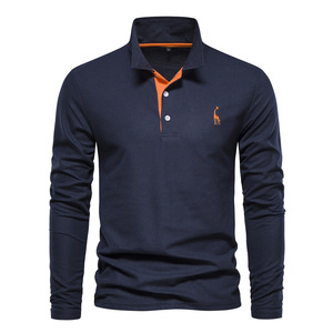 Polo à manches longues blanc pour homme avec logo girafe brodé bleu, tissu Oxford en coton décontracté, design respirant - Product Image 5