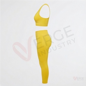 Women <b>Yellow</b> Ruched Racerback Sports <b>Bra</b> High Waist Capri Leggings 2 Piece Yoga Set - Product Image 3