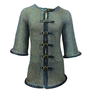 Medieval Mild Steel Half Sleeve Chainmail Shirt <b>Flat</b> Riveted with Washer Ring with Leather Trim Haubergeon Armor for Adult Wear - Product Image 1
