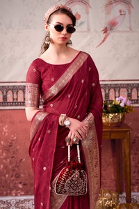 Sari indien traditionnel ethnique décontracté en soie chinon avec broderie Zari imprimée et matériaux recyclés pour tenue quotidienne féminine - Product Image 2