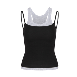 Débardeur court gris pour femme à fines bretelles, coupe ajustée, col rond, avec superposition transparente, couleur unie, respirant, pour le yoga et les activités sportives - Product Image 3