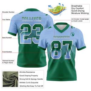 Maillot de football américain pour homme, col en V, manches courtes, bleu clair et vert, sublimé, anti-transpiration, 100 % polyester, maillot d'équipe - Product Image 2