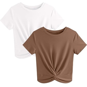 เสื้อครอปผู้หญิง แขนสั้น คอกลม ผ้าถัก สีพื้น จับจีบด้านหน้า เสื้อเชิ้ตลำลอง ใส่ได้ทุกฤดูกาล ใส่ได้ทุกวัน - Product Image 1