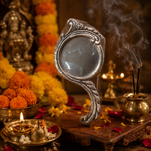 German Silver Hand <b>Mirror</b> with Traditional Ethnic Design Vintage Decorative <b>Vanity</b> <b>Mirror</b> Bridal <b>Makeup</b> & Pooja Gift Handheld - Product Image 5