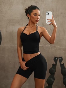 Womens Gym Outfit 2 Piece Set Halter Neck Ruched Camisole and Cross Front High Waist Biker Shorts Seamless Sport Yoga Suit Set - Product Image 6
