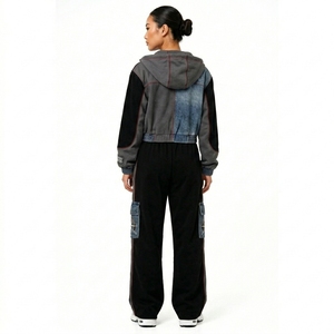 Ensemble deux pièces pour femme, veste et pantalon en jean patchwork surdimensionnés, style streetwear, tenue tendance longue - Product Image 2