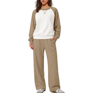 Conjunto de 2 piezas para mujer al por mayor: Sudadera con bloques de color y pantalón largo, cuello redondo, mangas raglán, ajuste regular, atuendo casual. - Product Image 5