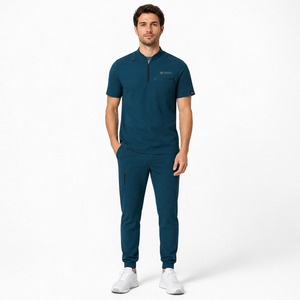 Ensemble de blouses médicales pour hommes DRAVELLE, bleu foncé, polyester tricoté, uniforme d'hôpital avec poches - Product Image 4