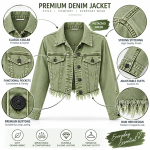 Chaqueta vaquera corta verde para mujer con dobladillo con flecos, manga larga, estilo camionero, cuello vuelto, para primavera - Product Image 4