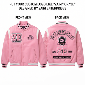 380 GSM Premium Cotton Polyester Fleece <b>Men</b> Varsity <b>Jacket</b> Pink <b>White</b> Shoulder Panels Custom Chenille Embroidery Logos - Product Image 1