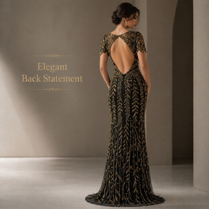 Vestido de Noche de Lujo Negro con Bordado Dorado |   Vestido de Fiesta con Lentejuelas, Diseño Exclusivo para Mujer, Espalda Descubierta, Ropa Formal, India 2026, Nueva Llegada - Product Image 5