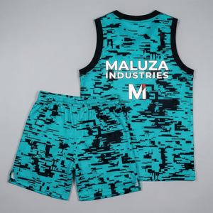 Conjunto de uniforme de baloncesto sublimado personalizado, camiseta de malla transpirable, pantalones cortos, kit deportivo con camuflaje digital, MALUZA INDUSTRIES - Product Image 3