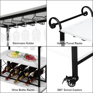 Carrello Portabottiglie HODELY in Ferro e Legno Effetto Marmo, a Due Livelli, con Doppio Bracciolo, Spessore 1,5 mm, in Pannello Densificato, per Conservazione Vini Pregiati - Product Image 4